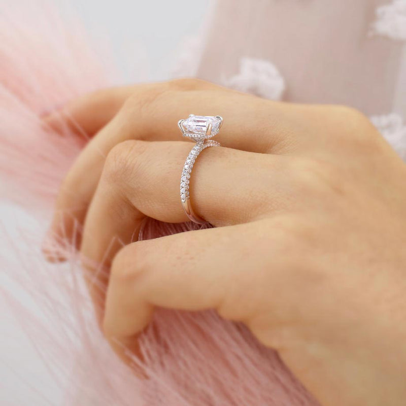 COCO - Emerald Natural Diamond Platinum Hidden Halo Triple Pavé Ring Engagement Ring Lily Arkwright