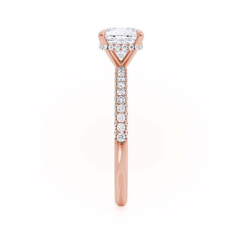 COCO - Cushion Cut Natural Diamond 18k Rose Gold Petite Hidden Halo Triple Pavé Engagement Ring Lily Arkwright