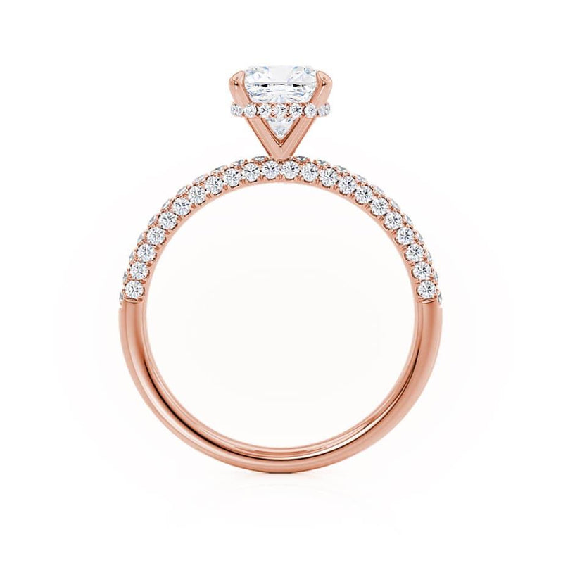 COCO - Cushion Cut Natural Diamond 18k Rose Gold Petite Hidden Halo Triple Pavé Engagement Ring Lily Arkwright