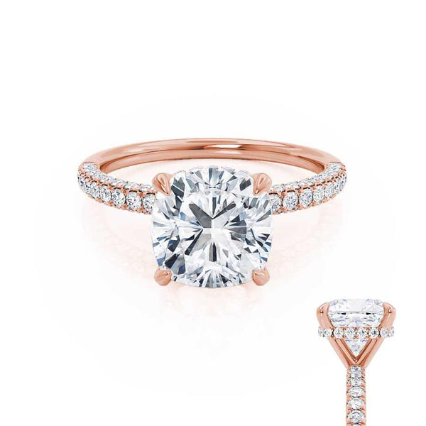 COCO - Cushion Cut Natural Diamond 18k Rose Gold Petite Hidden Halo Triple Pavé Engagement Ring Lily Arkwright