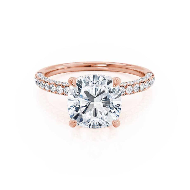 COCO - Cushion Cut Natural Diamond 18k Rose Gold Petite Hidden Halo Triple Pavé Engagement Ring Lily Arkwright