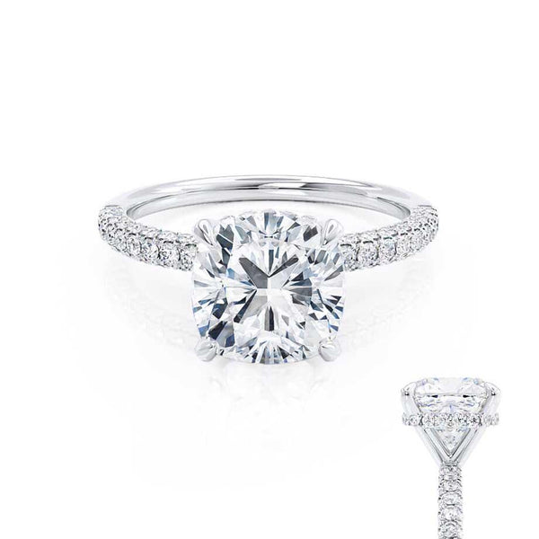 COCO - Cushion Cut Natural Diamond 18k White Gold Petite Hidden Halo Triple Pavé Engagement Ring Lily Arkwright