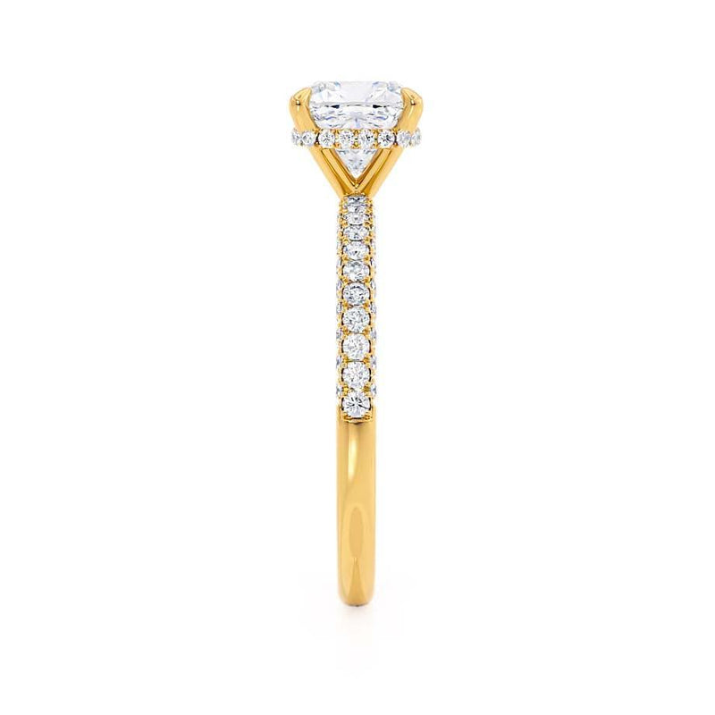 COCO - Cushion Cut Natural Diamond 18k Yellow Gold Petite Hidden Halo Triple Pavé Engagement Ring Lily Arkwright