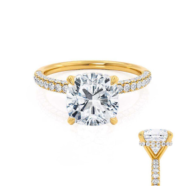 COCO - Cushion Cut Natural Diamond 18k Yellow Gold Petite Hidden Halo Triple Pavé Engagement Ring Lily Arkwright