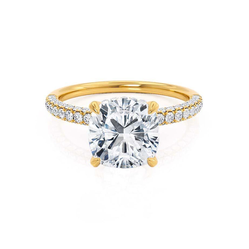 COCO - Cushion Cut Natural Diamond 18k Yellow Gold Petite Hidden Halo Triple Pavé Engagement Ring Lily Arkwright