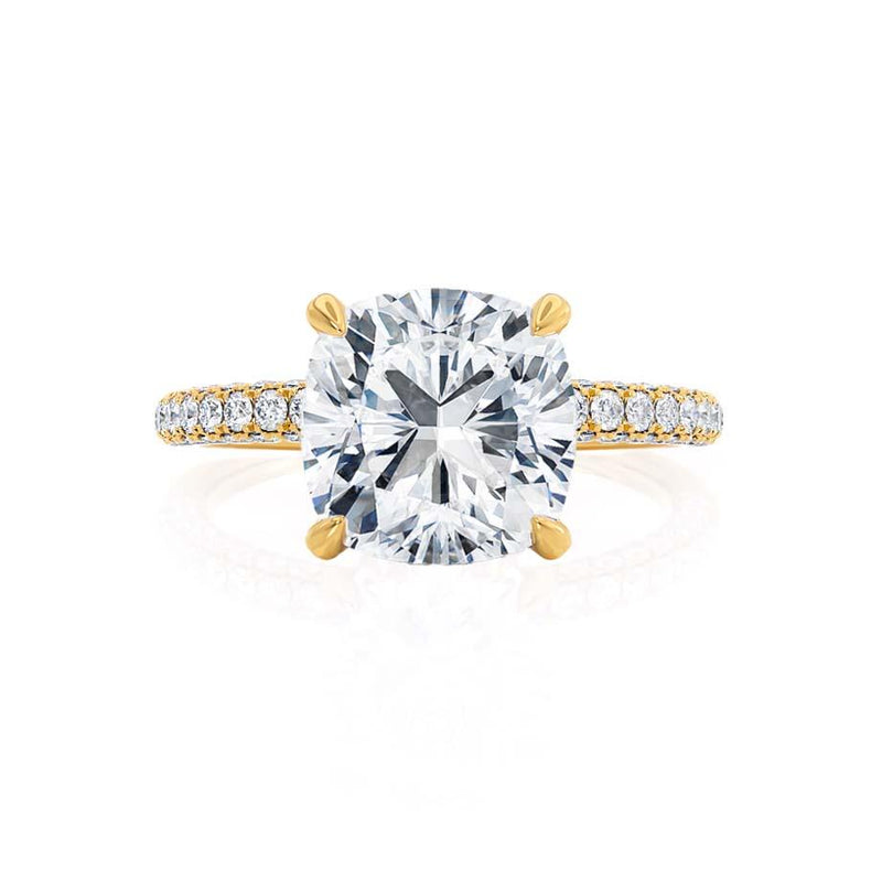 COCO - Cushion Cut Natural Diamond 18k Yellow Gold Petite Hidden Halo Triple Pavé Engagement Ring Lily Arkwright