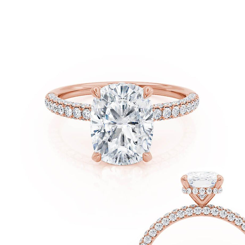 COCO - Elongated Cushion Cut Natural Diamond 18k Rose Gold Petite Hidden Halo Triple Pavé Engagement Ring Lily Arkwright