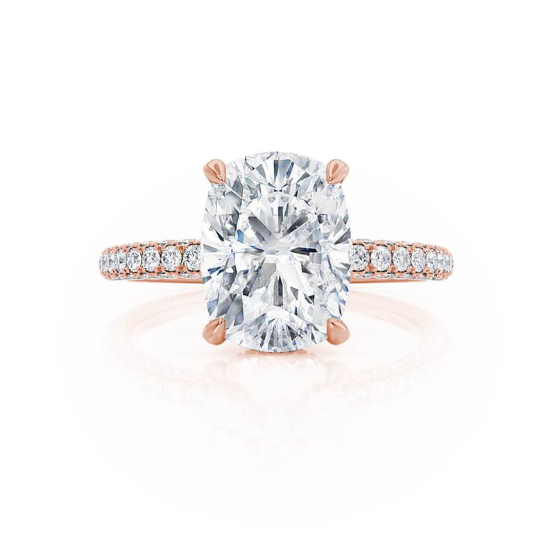 COCO - Elongated Cushion Cut Natural Diamond 18k Rose Gold Petite Hidden Halo Triple Pavé Engagement Ring Lily Arkwright