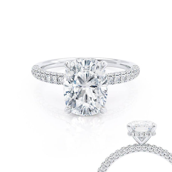 COCO - Elongated Cushion Cut Natural Diamond 18k White Gold Petite Hidden Halo Triple Pavé Engagement Ring Lily Arkwright