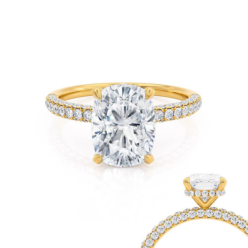 COCO - Elongated Cushion Cut Natural Diamond 18k Yellow Gold Petite Hidden Halo Triple Pavé Engagement Ring Lily Arkwright