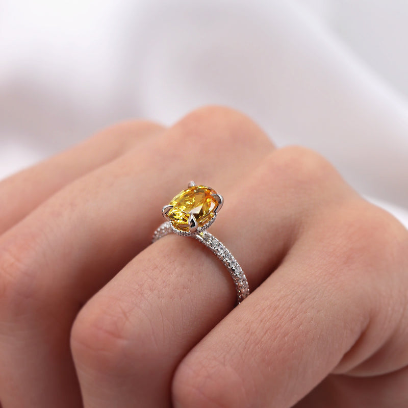 COCO - Chatham® Oval Yellow Sapphire & Diamond 18k Yellow Gold Petite Hidden Halo Triple Pavé Shoulder Set Ring