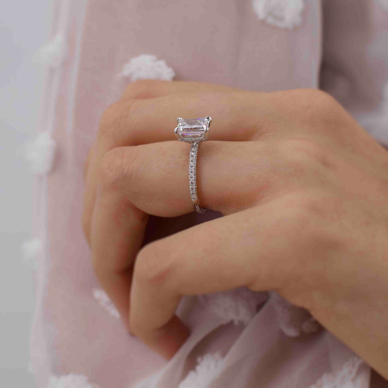 COCO - Chatham® Emerald & Diamond 18k White Gold Petite Hidden Halo Triple Pavé Ring