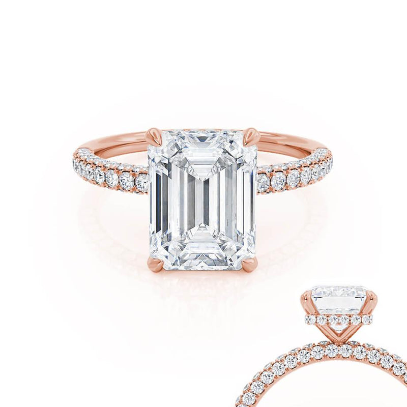COCO - Emerald Natural Diamond 18k Rose Gold Hidden Halo Triple Pavé Ring Engagement Ring Lily Arkwright
