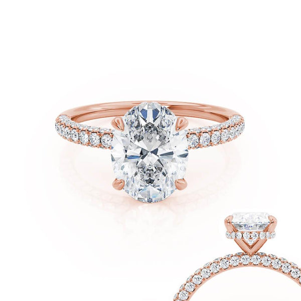 COCO - Oval Natural Diamond 18k Rose Gold Petite Hidden Halo Triple Pavé Shoulder Set Engagement Ring Lily Arkwright