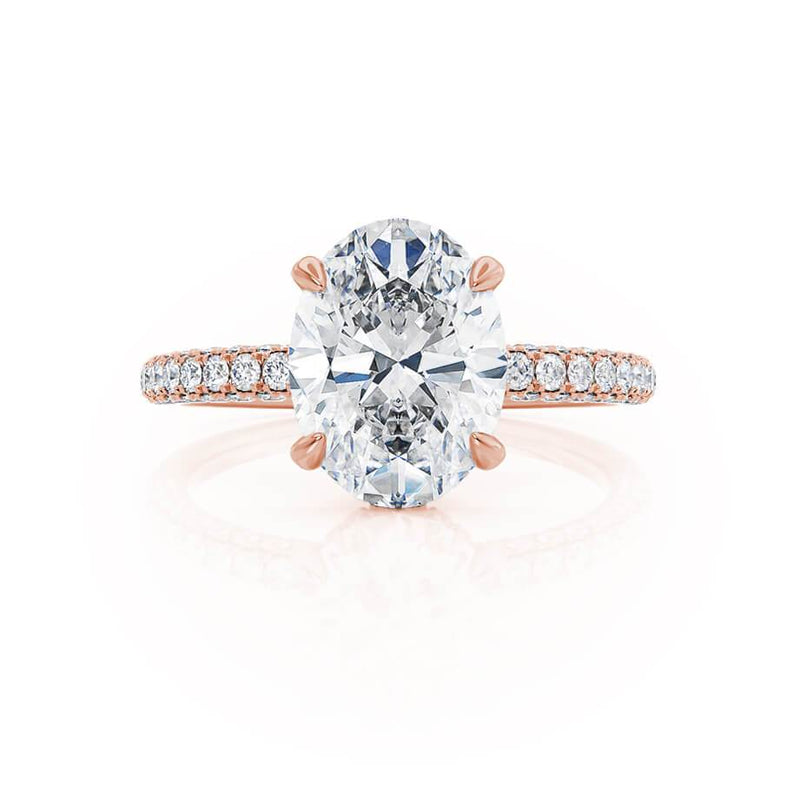 COCO - Oval Natural Diamond 18k Rose Gold Petite Hidden Halo Triple Pavé Shoulder Set Engagement Ring Lily Arkwright