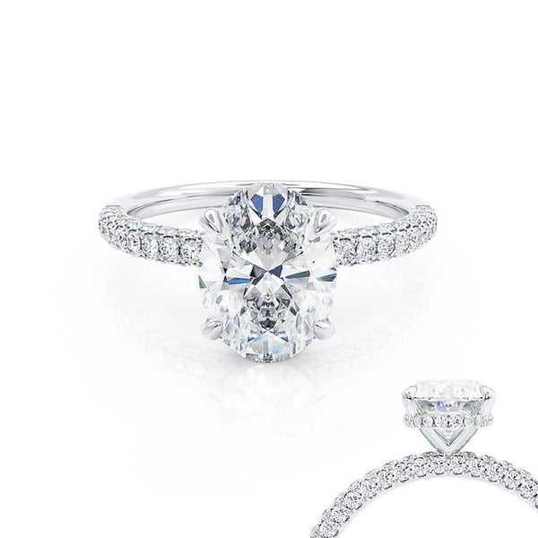 COCO - Oval Natural Diamond 18k White Gold Petite Hidden Halo Triple Pavé Shoulder Set Engagement Ring Lily Arkwright