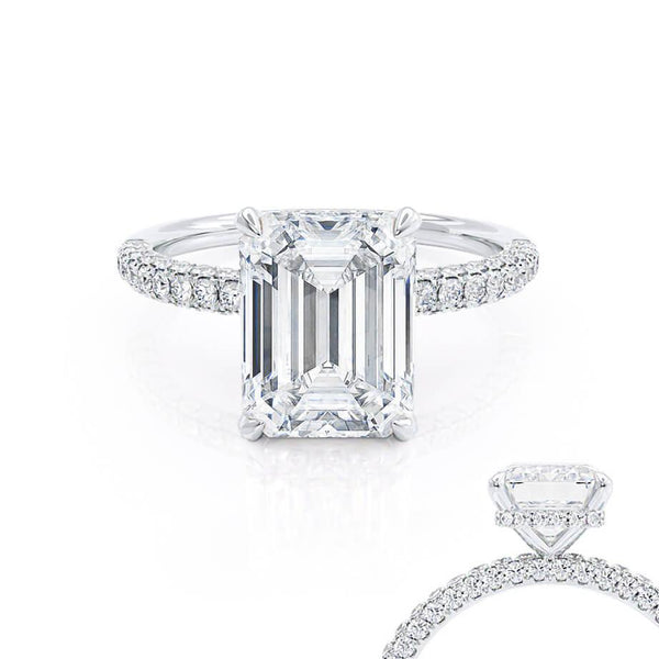 COCO - Emerald Natural Diamond 18k White Gold Hidden Halo Triple Pavé Ring Engagement Ring Lily Arkwright