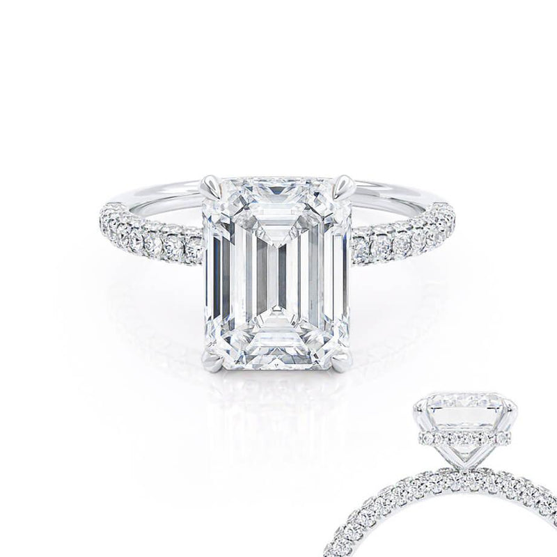 COCO - Emerald Natural Diamond 18k White Gold Hidden Halo Triple Pavé Ring Engagement Ring Lily Arkwright