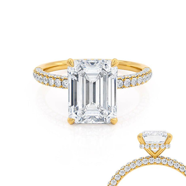 COCO - Emerald Natural Diamond 18k Yellow Gold Hidden Halo Triple Pavé Ring Engagement Ring Lily Arkwright
