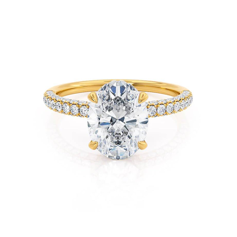 COCO - Oval Natural Diamond 18k Yellow Gold Petite Hidden Halo Triple Pavé Shoulder Set Engagement Ring Lily Arkwright