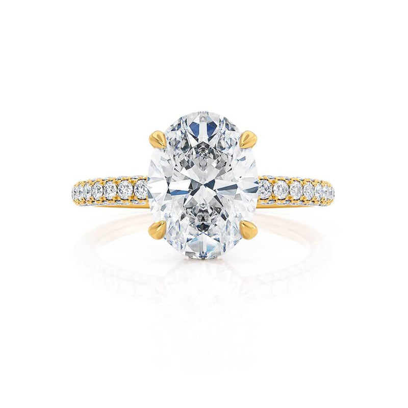 COCO - Oval Natural Diamond 18k Yellow Gold Petite Hidden Halo Triple Pavé Shoulder Set Engagement Ring Lily Arkwright