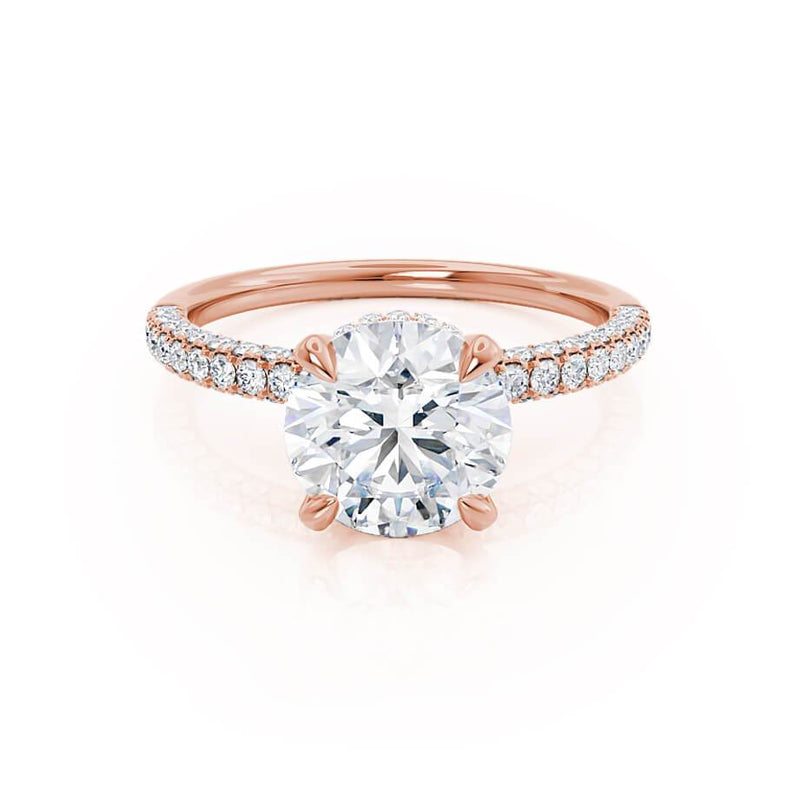 COCO- Round Natural Diamond 18k Rose Gold Petite Hidden Halo Triple Pavé Shoulder Set Ring Engagement Ring Lily Arkwright