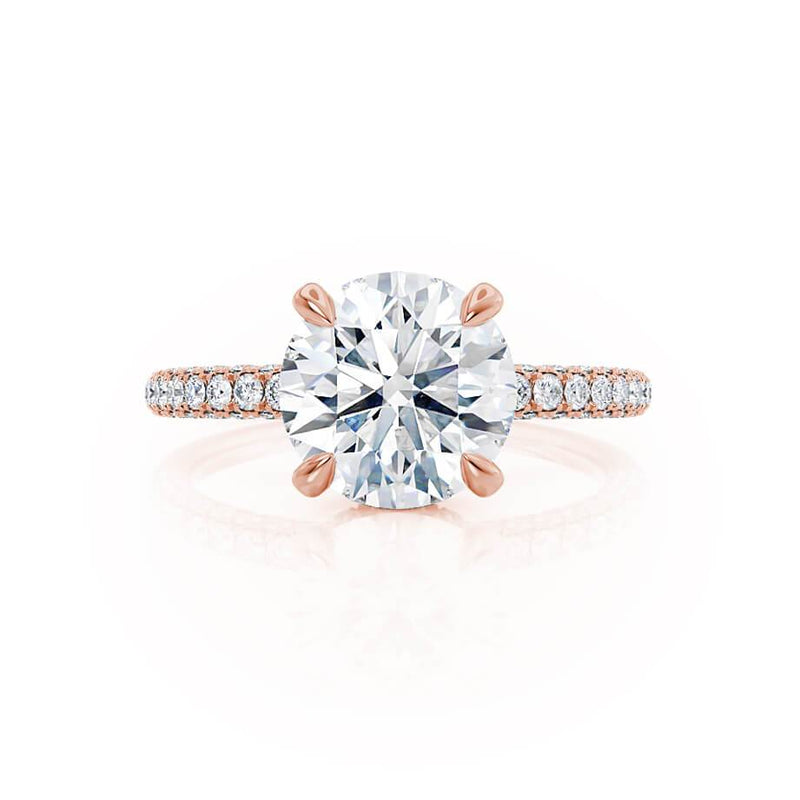 COCO- Round Natural Diamond 18k Rose Gold Petite Hidden Halo Triple Pavé Shoulder Set Ring Engagement Ring Lily Arkwright