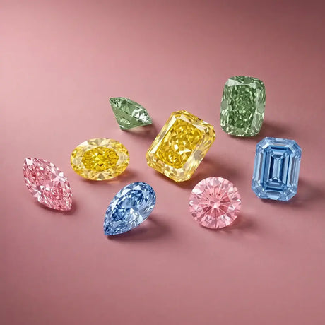 collection of yellow, pink, blue and green coloured lab diamonds