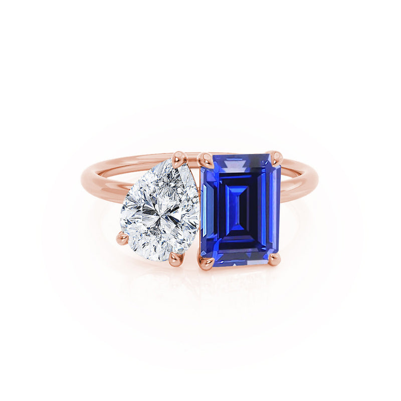 COMET - Toi Et Moi Chatham® Sapphire Emerald & Lab Diamond Pear Cut Ring 18k Rose Gold