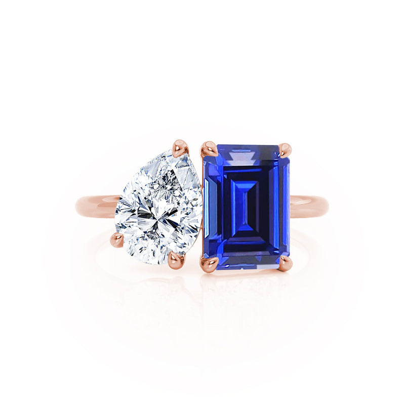 COMET - Toi Et Moi Chatham® Sapphire Emerald & Lab Diamond Pear Cut Ring 18k Rose Gold