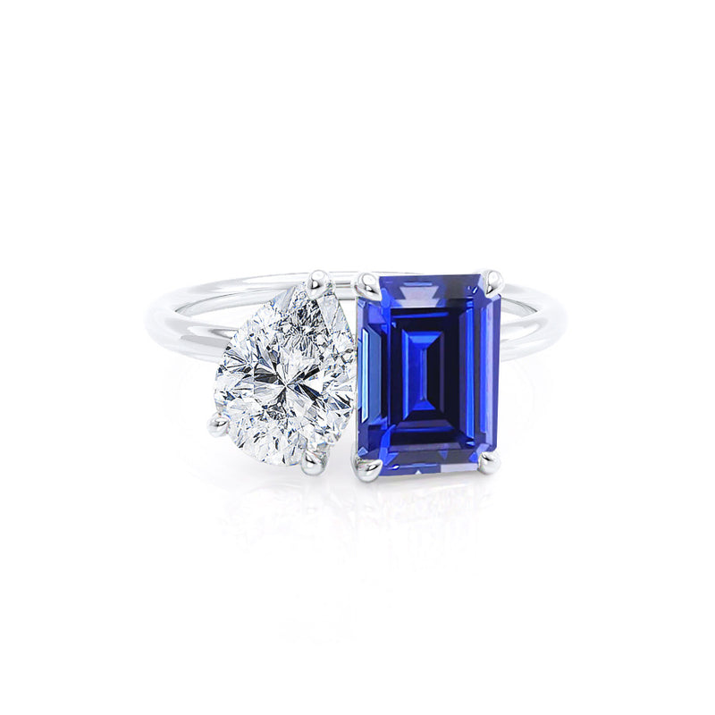 COMET - Toi Et Moi Chatham® Sapphire Emerald & Lab Diamond Pear Cut Ring 950 Platinum