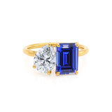 COMET - Toi Et Moi Chatham® Sapphire Emerald & Lab Diamond Pear Cut Ring 18k Yellow Gold