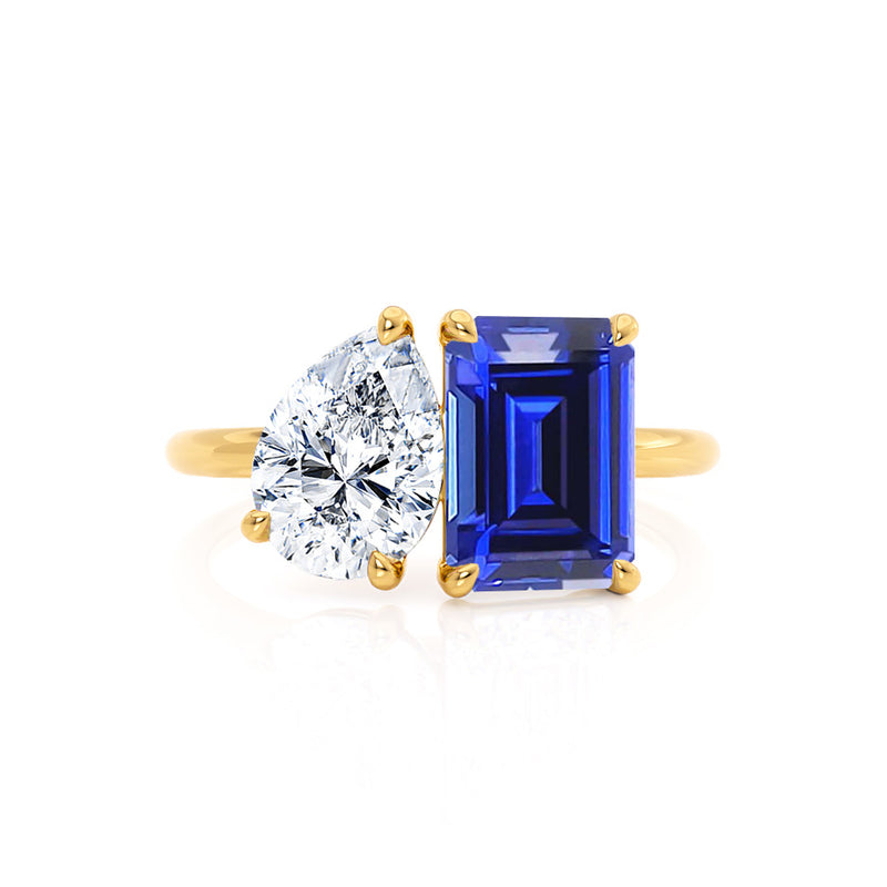 COMET - Toi Et Moi Chatham® Sapphire Emerald & Lab Diamond Pear Cut Ring 18k Yellow Gold