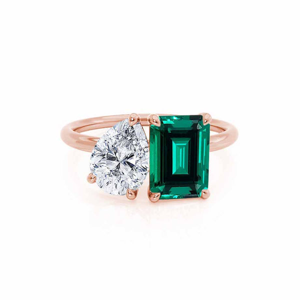 COMET - Toi Et Moi Chatham® Green Emerald & Lab Diamond Pear Cut Ring 18k Rose Gold