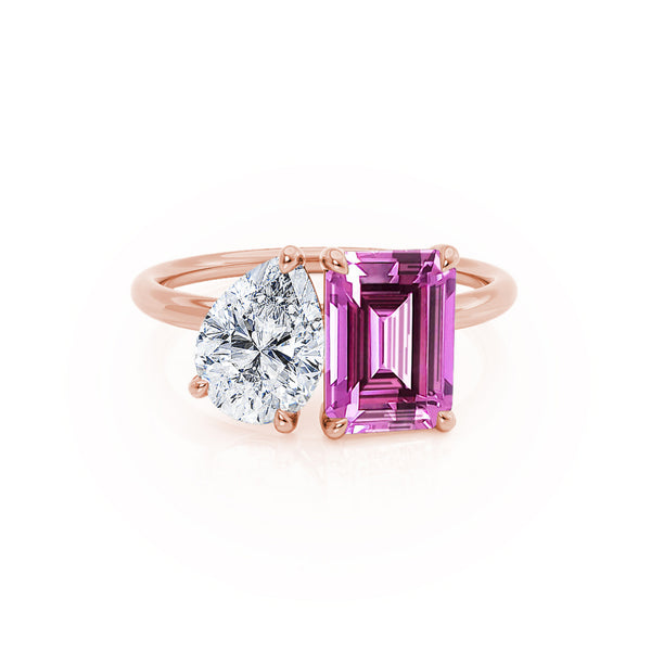 COMET - Toi Et Moi Chatham® Pink Sapphire Emerald & Lab Diamond Pear Cut Ring 18k Rose Gold