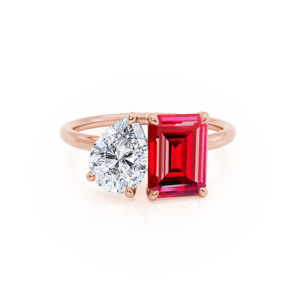 COMET - Toi Et Moi Chatham® Ruby Emerald & Lab Diamond Pear Cut Ring 18k Rose Gold