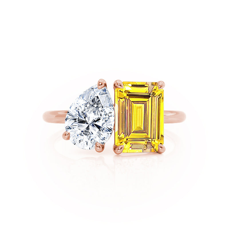 COMET - Toi Et Moi Chatham® Yellow Sapphire Emerald & Lab Diamond Pear Cut Ring 18k Rose Gold