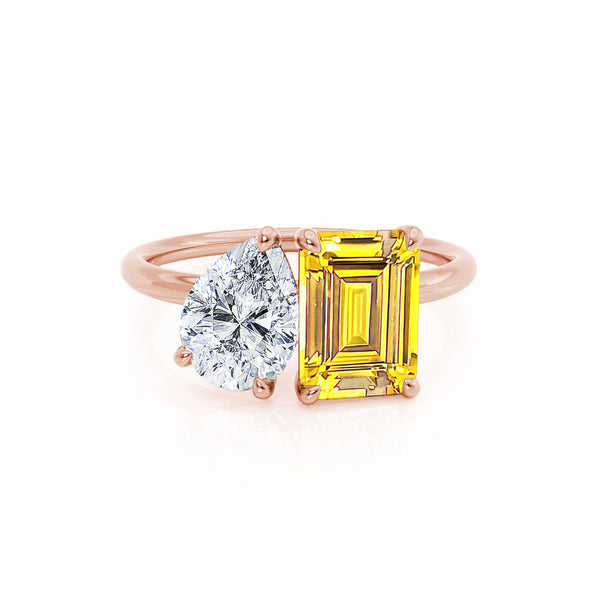 COMET - Toi Et Moi Chatham® Yellow Sapphire Emerald & Lab Diamond Pear Cut Ring 18k Rose Gold