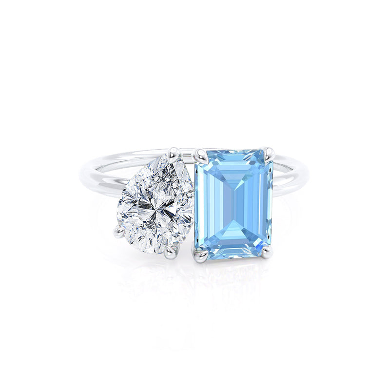 COMET - Toi Et Moi Chatham® Aqua Spinel Emerald & Lab Diamond Pear Cut Ring 18k White Gold