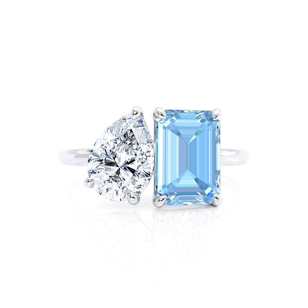 COMET - Toi Et Moi Chatham® Aqua Spinel Emerald & Lab Diamond Pear Cut Ring 950 Platinum