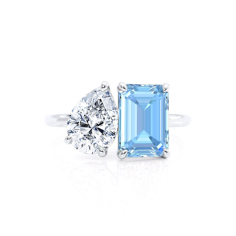 COMET - Toi Et Moi Chatham® Aqua Spinel Emerald & Lab Diamond Pear Cut Ring 18k White Gold