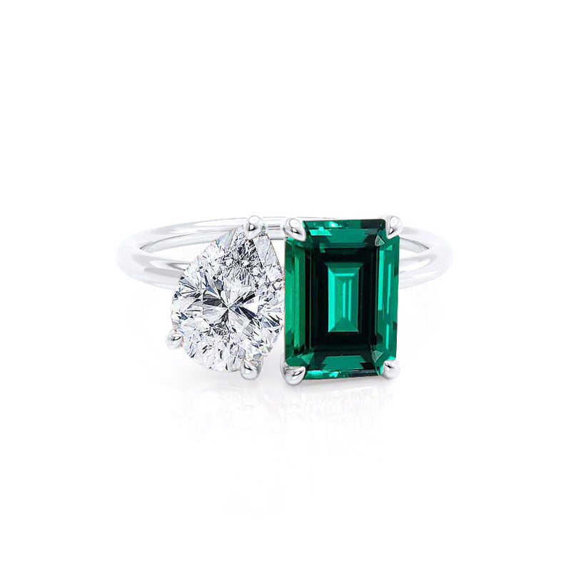 COMET - Toi Et Moi Chatham® Green Emerald & Lab Diamond Pear Cut Ring 18k White Gold