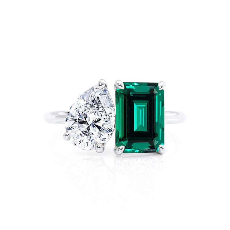 COMET - Toi Et Moi Chatham® Green Emerald & Lab Diamond Pear Cut Ring 18k White Gold