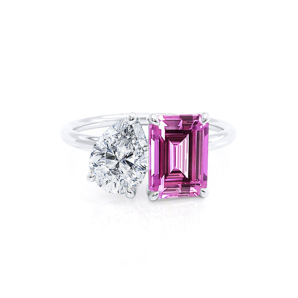 COMET - Toi Et Moi Chatham® Pink Sapphire Emerald & Lab Diamond Pear Cut Ring 18k White Gold