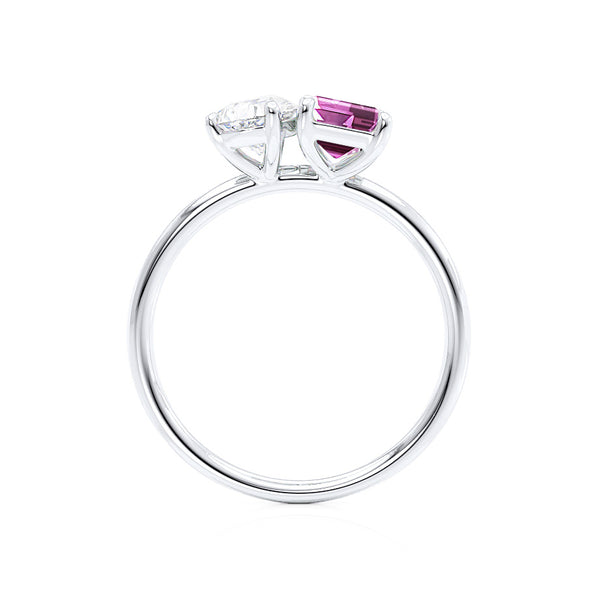 COMET - Toi Et Moi Chatham® Pink Sapphire Emerald & Lab Diamond Pear Cut Ring 18k White Gold