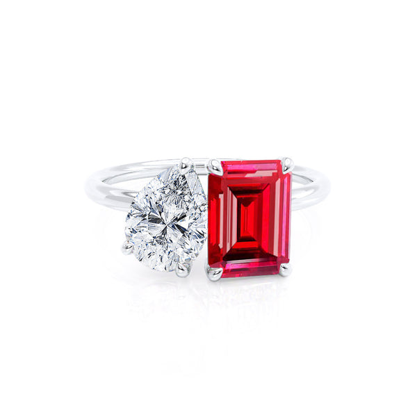 COMET - Toi Et Moi Chatham® Ruby Emerald & Lab Diamond Pear Cut Ring 950 Platinum