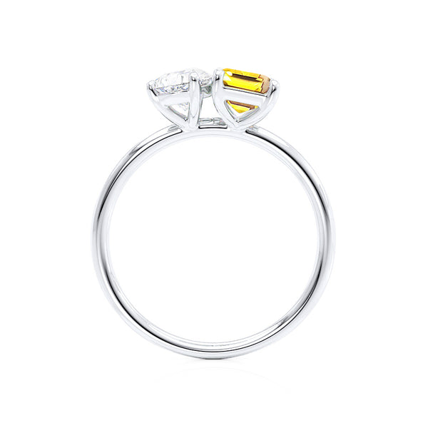 COMET - Toi Et Moi Chatham® Yellow Sapphire Emerald & Lab Diamond Pear Cut Ring 18k White Gold