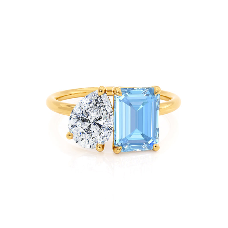 COMET - Toi Et Moi Chatham® Aqua Spinel Emerald & Lab Diamond Pear Cut Ring 18k Yellow Gold