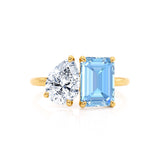 COMET - Toi Et Moi Chatham® Aqua Spinel Emerald & Lab Diamond Pear Cut Ring 18k Yellow Gold