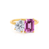 COMET - Toi Et Moi Chatham® Pink Sapphire Emerald & Lab Diamond Pear Cut Ring 18k Yellow Gold